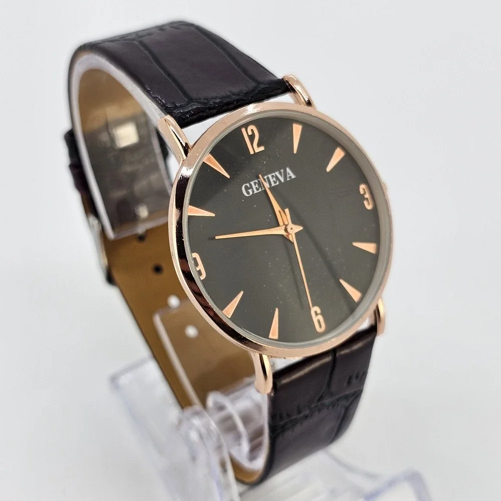 Men's Analog Watch 38MM Black Dial Brown Faux Leather Bands New Battery